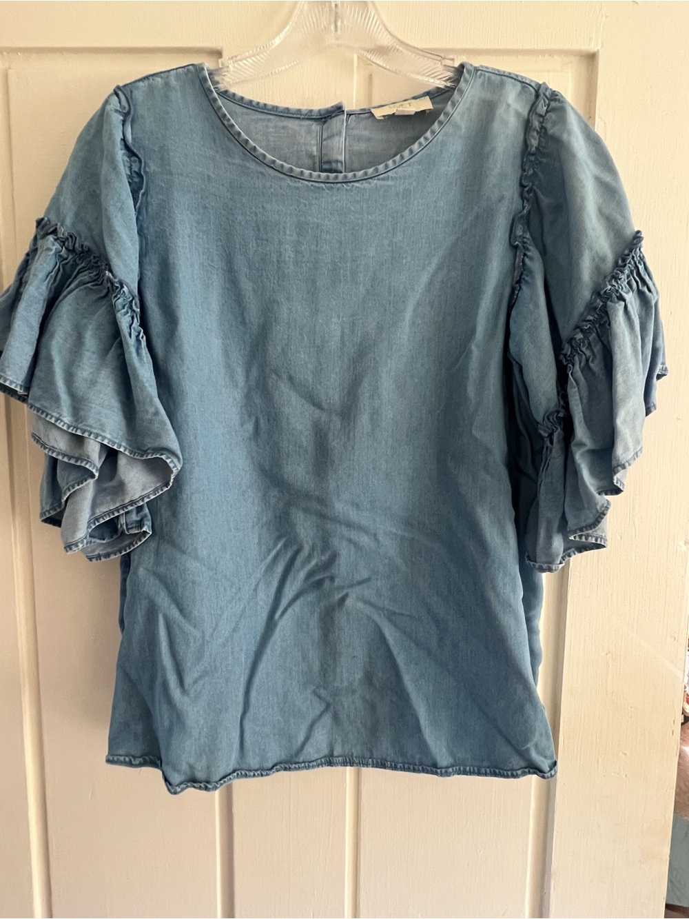 LOFT Light Blue Ruffle-Sleeve Chambray Top